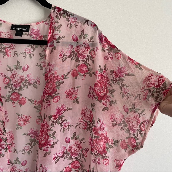 Joe Boxer Pink Floral Short Sleeve Open Kimono Cover Up Cardigan - Picture 4 of 7